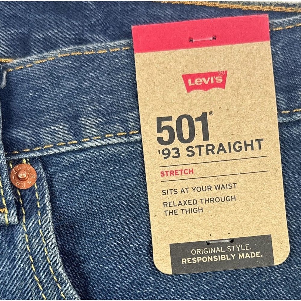 Levis 501 93 Mens 32x30 Straight Leg Dark Blue Jeans Button Fly Stretch Red Tab - Picture 4 of 11